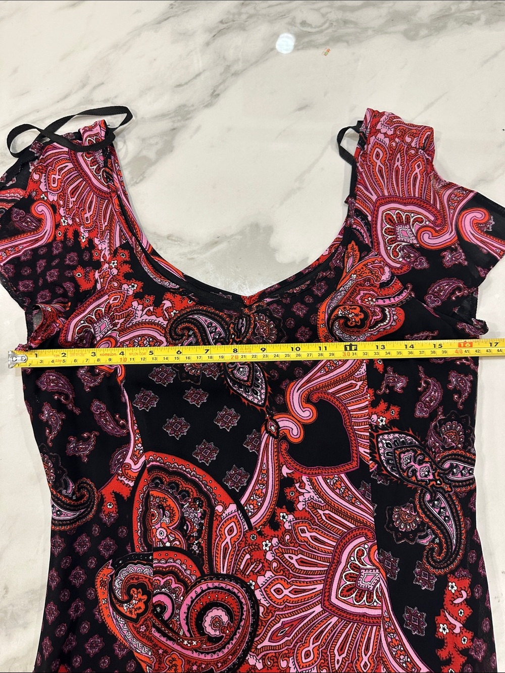 VINTAGE 90s Y2K V-Neck Black Pink Paisley Flutter-Sleeve Ruffle Hem Size 4 - Picture 13 of 15